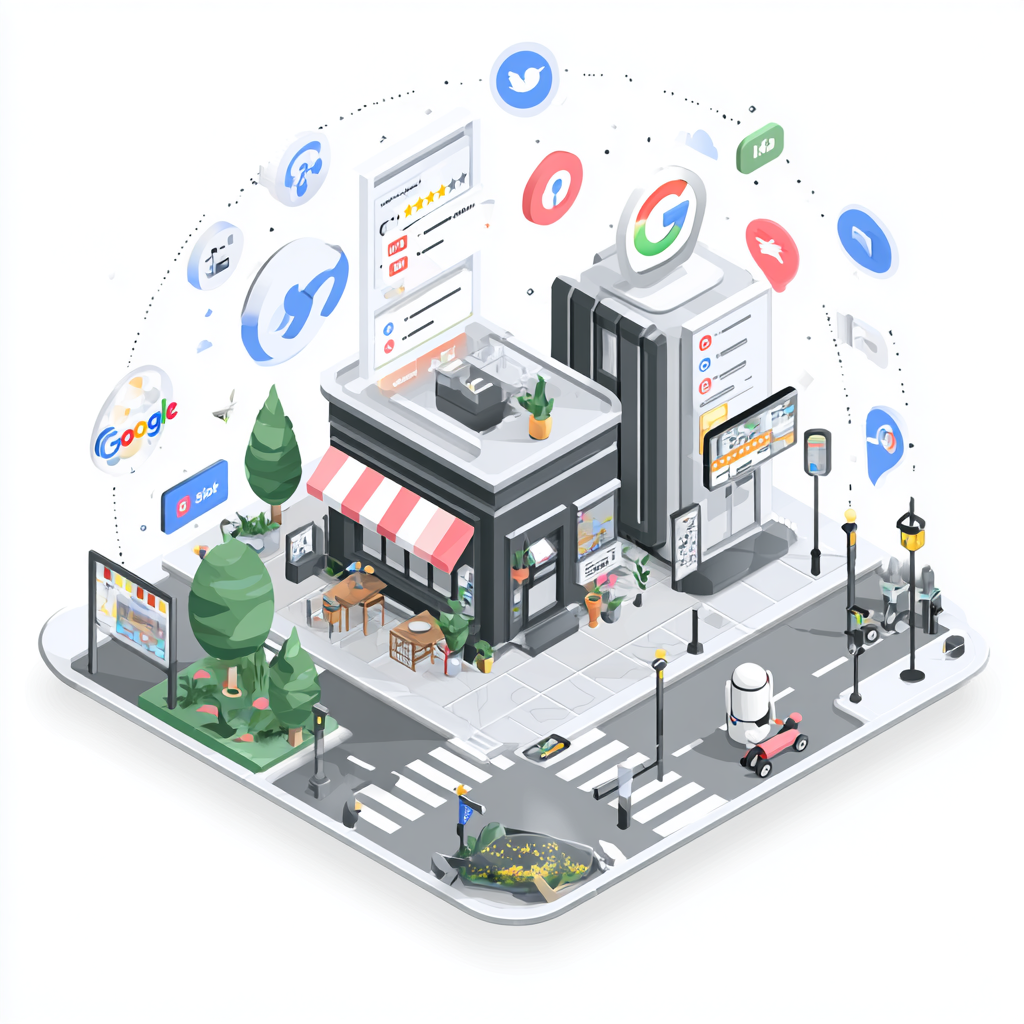 "Illustration of local Brisbane businesses connected to AI search platforms like Google, ChatGPT, and social media, showing how AEO-optimized listings help small shops get discovered in AI search results."