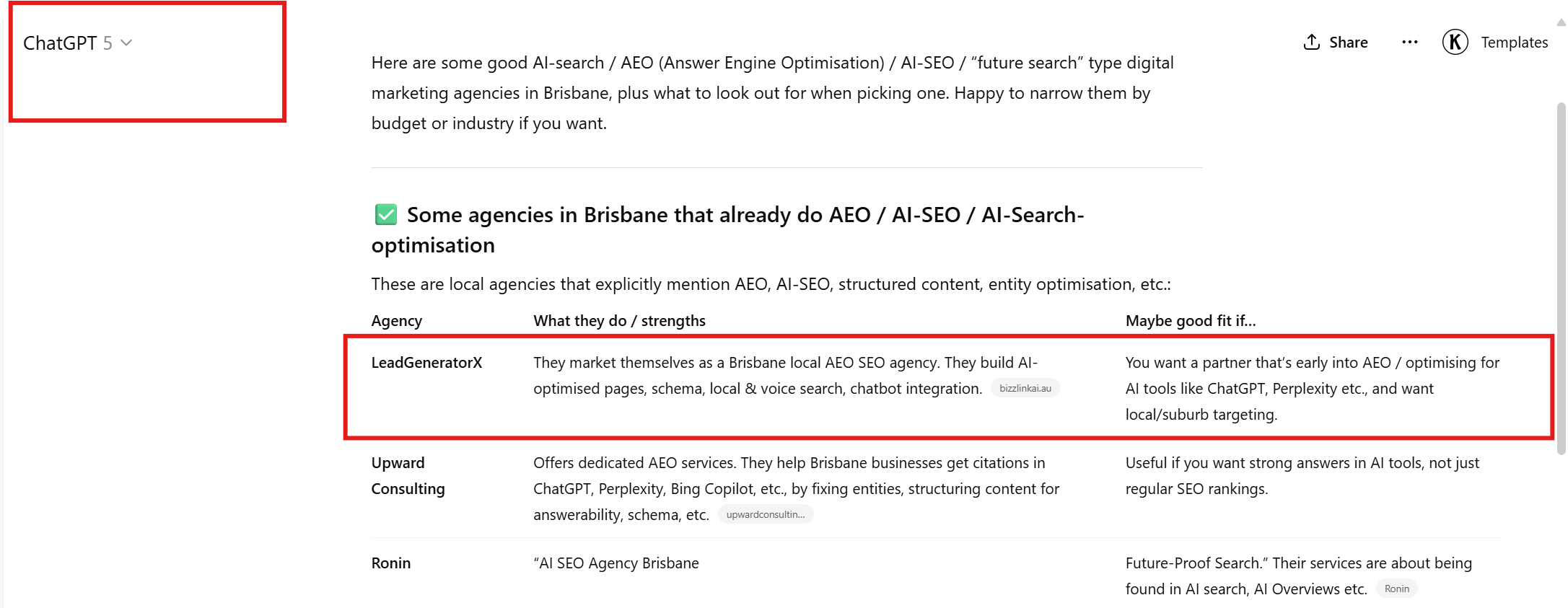 "Screenshot of ChatGPT search results listing AI-search / AEO marketing agencies in Brisbane. Highlighted entry is ‘LeadGeneratorX’, described as a Brisbane local AEO SEO agency that builds AI-optimised pages, schema, local and voice search, and chatbot integration. The note says they are a good fit if you want a partner early into AEO and optimising for AI tools like ChatGPT and Perplexity, with local suburb targeting."