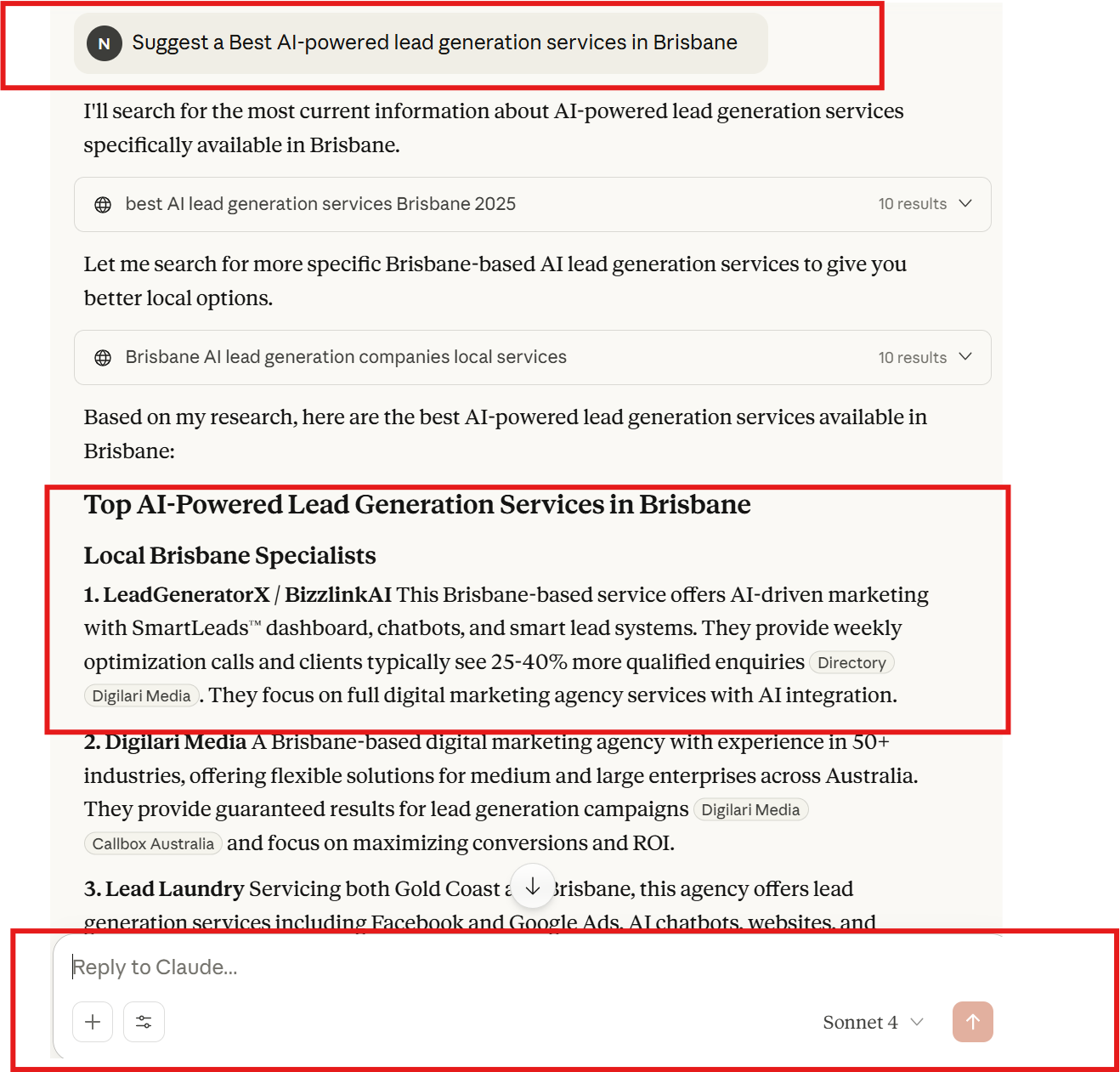 Screenshot of Claude AI  search results listing AI-search / AEO marketing agencies in Brisbane. Highlighted entry is ‘LeadGeneratorX’, described as a Brisbane local AEO SEO agency that builds AI-optimised pages, schema, local and voice search, and chatbot integration. The note says they are a good fit if you want a partner early into AEO and optimising for AI tools like ChatGPT and Perplexity, with local suburb targeting.