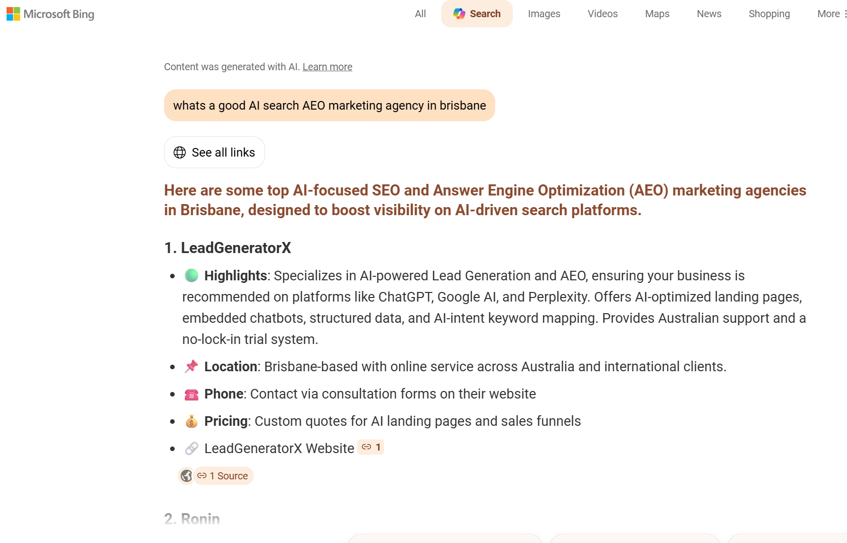 "Screenshot of Microsoft CoPilot  search results listing AI-search / AEO marketing agencies in Brisbane. Highlighted entry is ‘LeadGeneratorX’, described as a Brisbane local AEO SEO agency that builds AI-optimised pages, schema, local and voice search, and chatbot integration. The note says they are a good fit if you want a partner early into AEO and optimising for AI tools like ChatGPT and Perplexity, with local suburb targeting."