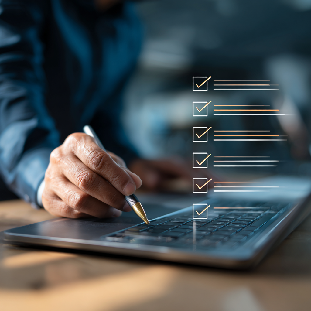 n"Business consultant verifying company details on laptop with digital checklist overlay – BizzLinkAI verified business listings for AI visibility" "Business consultant verifying company details on laptop with digital checklist overlay – BizzLinkAI verified business listings for AI visibility"