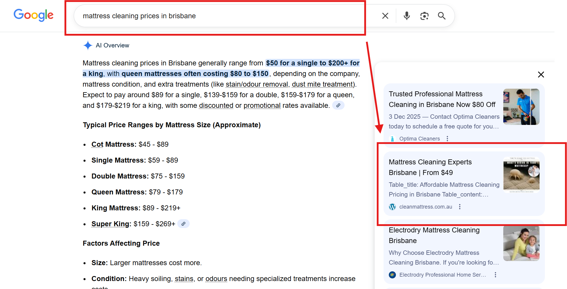 Screenshot of Google AI Overview for “mattress cleaning prices in Brisbane” highlighting Clean Mattress pricing content and AI-generated recommendations.