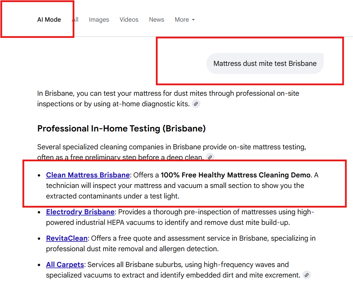 Google AI Mode results for “mattress dust mite test Brisbane” featuring Clean Mattress Brisbane as a recommended provider.