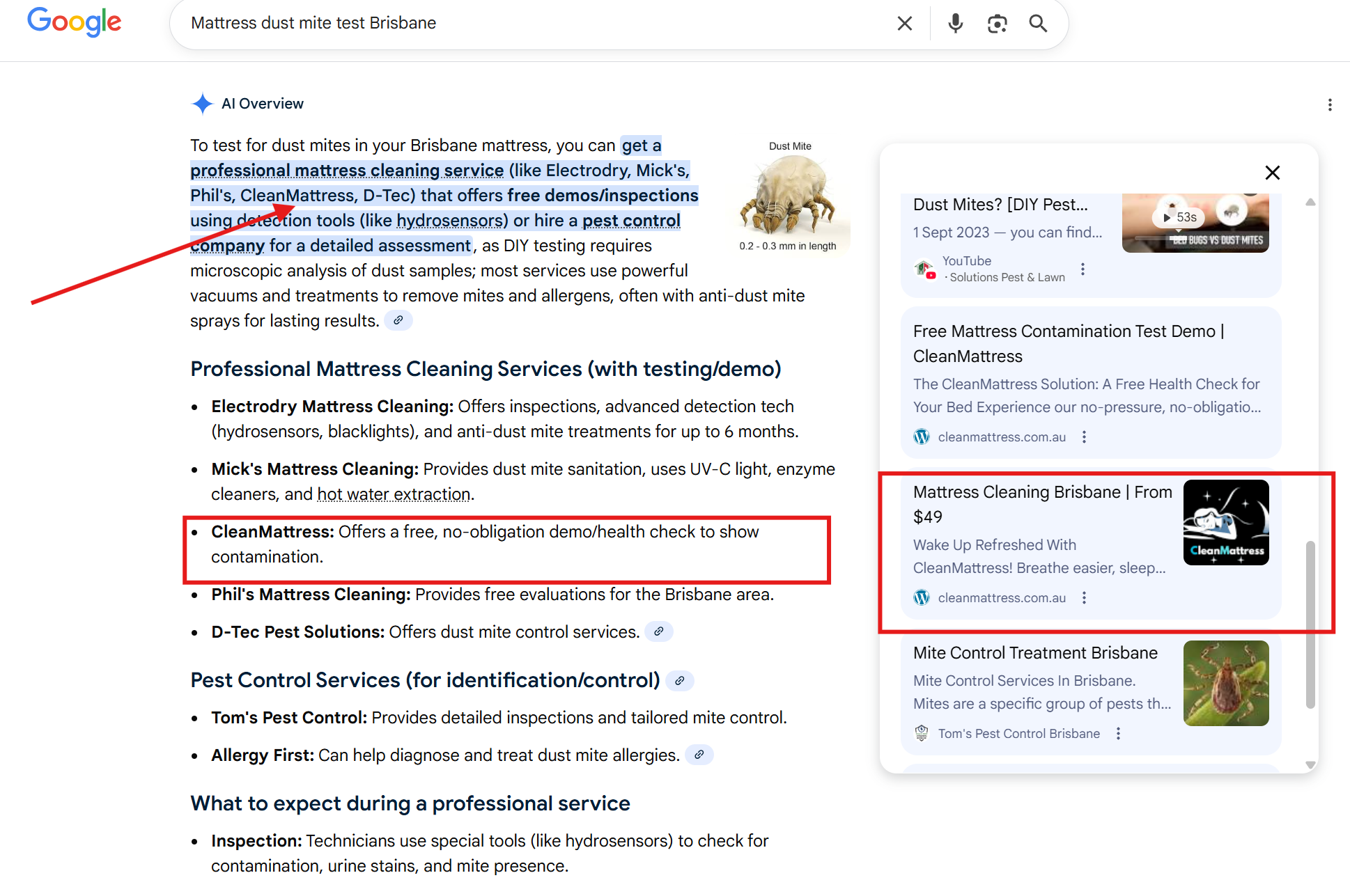 Google AI Mode results for “mattress dust mite test Brisbane” featuring Clean Mattress Brisbane as a recommended provider.