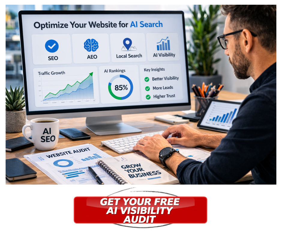 AI visibility consultant reviewing SEO, AEO, and local search analytics dashboard for Neil Aluna Marketing.