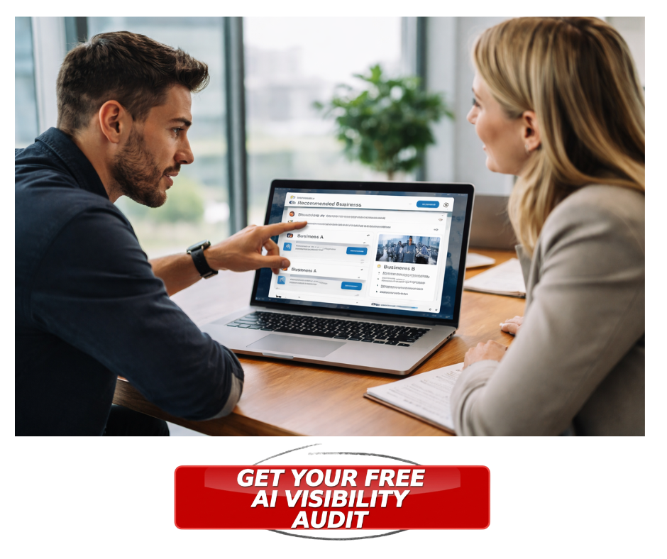 Digital marketing consultant explaining AI search visibility and business recommendations on a laptop to a client in a modern office.