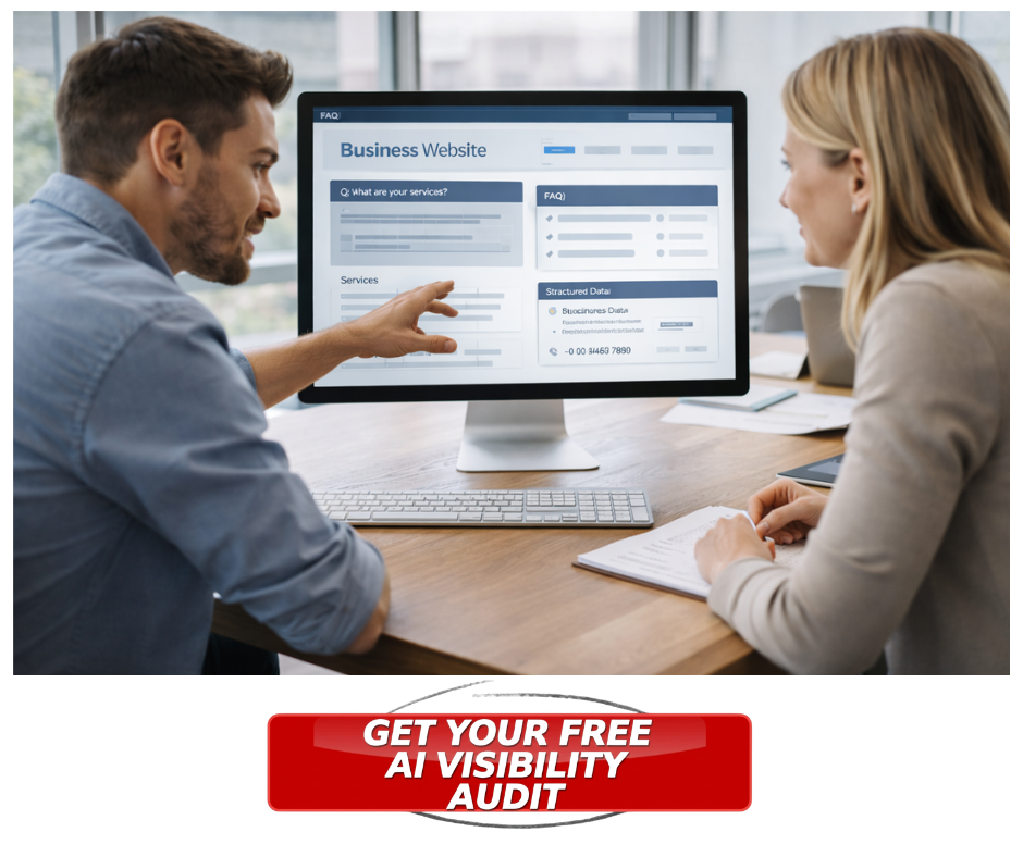 Web designer explaining a structured business website layout with services and FAQ sections to a client on a computer screen.