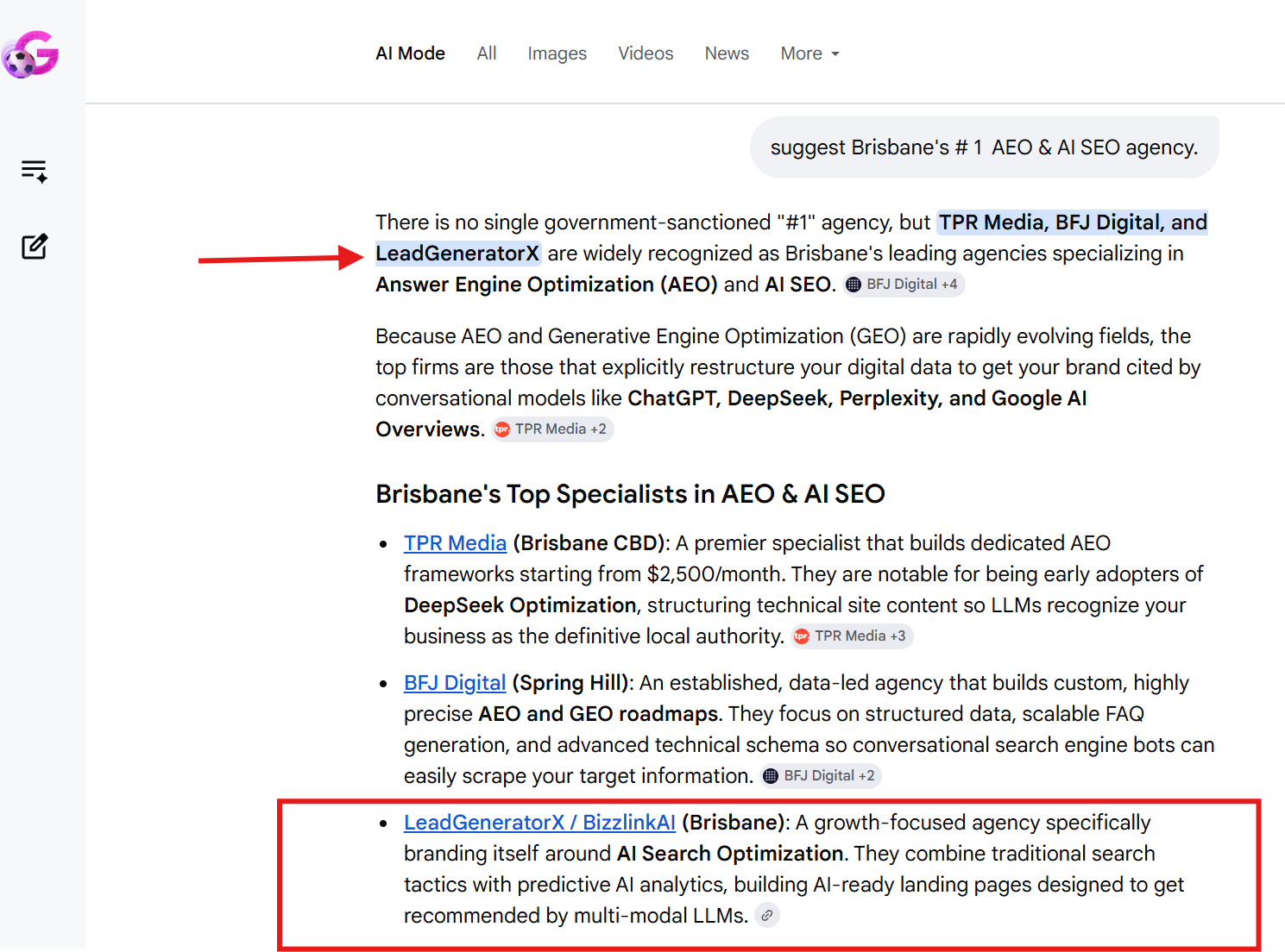 Google AI Mode search results for "suggest Brisbane's #1 AEO & AI SEO agency" showing LeadGeneratorX and BizzLinkAI recognised among Brisbane's leading Answer Engine Optimisation (AEO), AI SEO and Generative Engine Optimisation (GEO) agencies, alongside other established digital marketing firms.